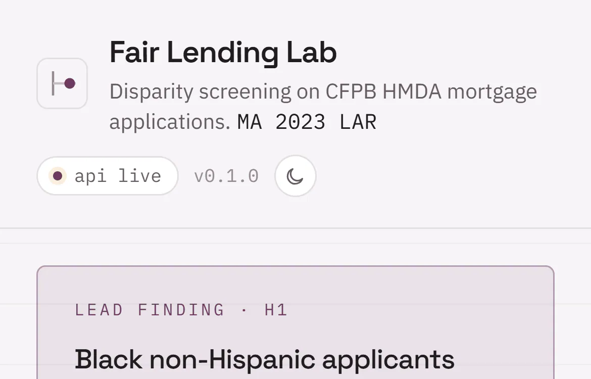 Mobile view of the Fair Lending Lab dashboard